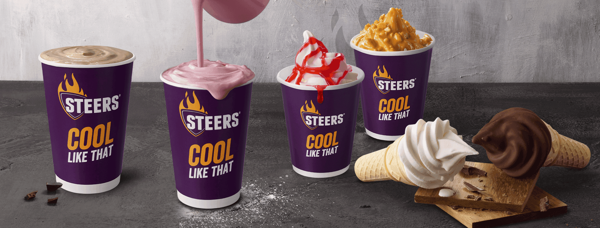 Selection of milkshakes and ice creams from steers